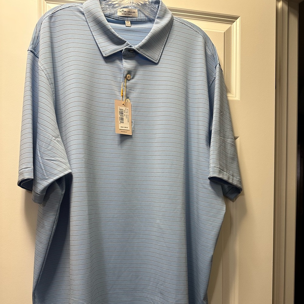Peter Millar collared, short sleeve shirt. Light blue w/navy horizontal stripe